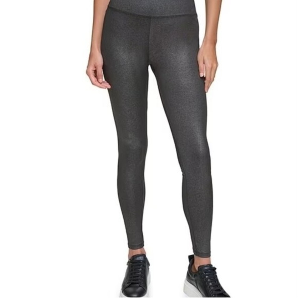 Andrew Marc Sport Women Sz L Black Stretch Shimmer HIgh Waist Pull On Leggings